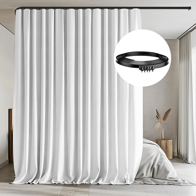 MaKefeile Room Divider Curtains with Flexible Ceiling Tracks Set,Blackout Curtain Ceiling Mount Curtain Track Privacy Room Dividers Ceiling Track Curtain Rod(White Drape & Black Rail W 12.5 × H 9 FT)
