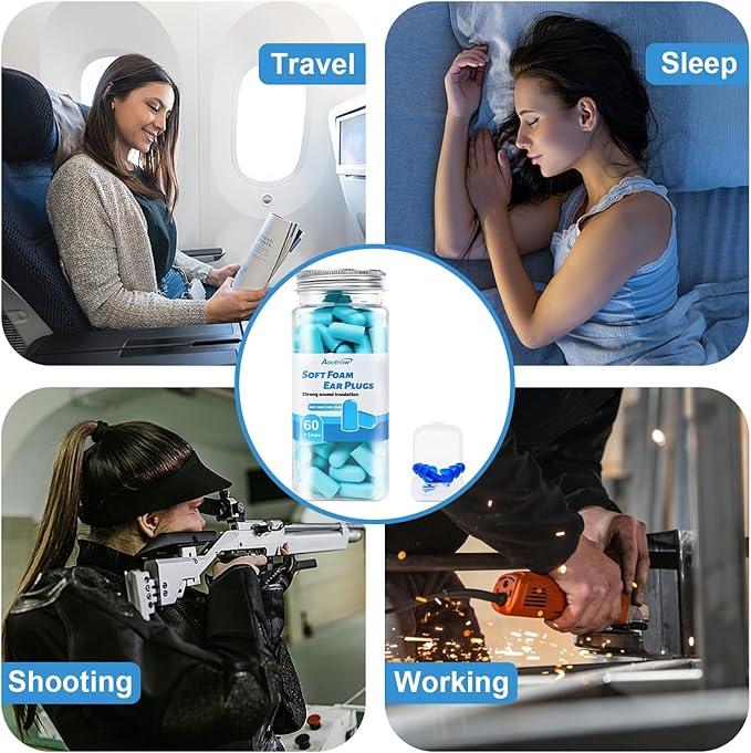 Aoutrow 60 Pairs Soft Foam Ear Plugs, 38dB SNR Slow Rebound Ear Plugs for Sleeping Noise Cancelling, Noise Reduction, Work, Swimming, Shooting, Studying, Blue