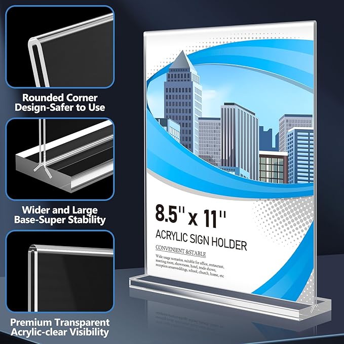 Eocnrhe Acrylic Sign Holder 8.5 x 11 6 Pack, Double-Sided Clear Sign Holder Plastic Stands for Display, Table Sign Stands, T Shape Flyer Holder