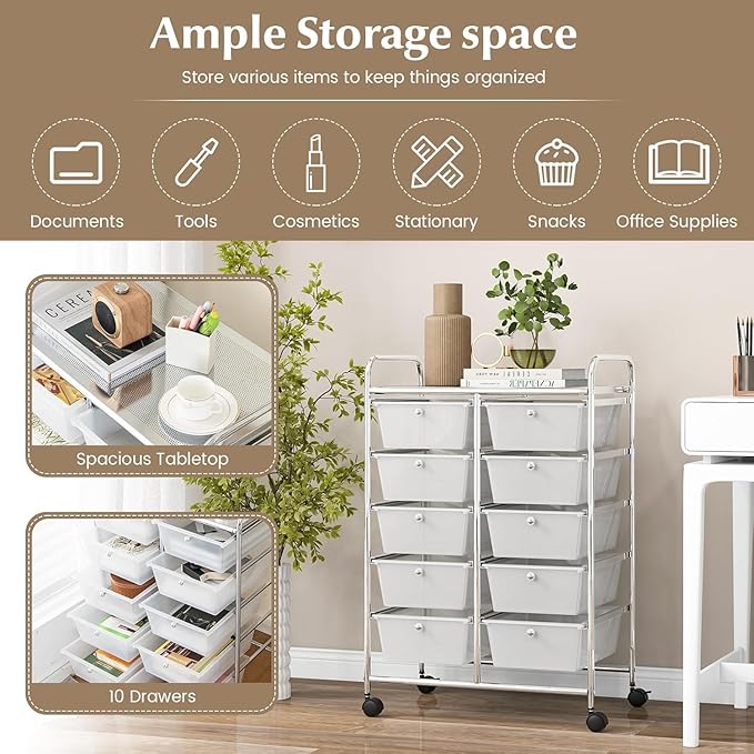 LDAILY 10 Drawer Rolling Cart, Storage Cart Organizer on Wheels, Drawer Cart with Metal Frame & Large Storage Capacity, Rolling Cart with Drawers for Living Room Classroom, Office