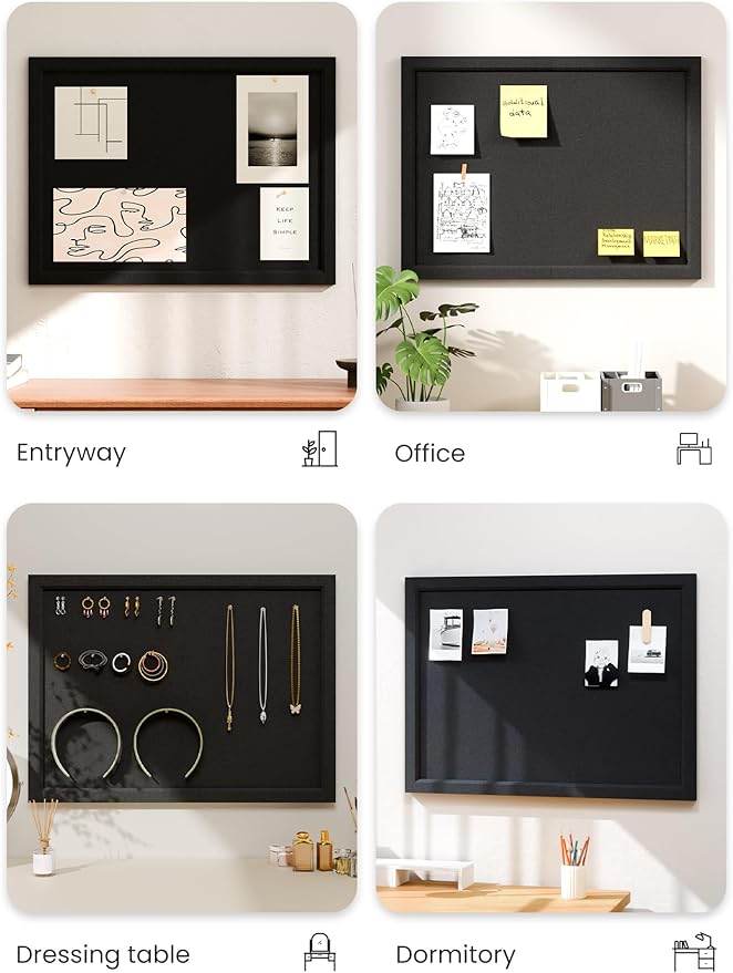 Fluxynara Foldable Cork Board Alternative, Felt Bulletin Board 24" x 18" Black Frame with 16 Adhesive Tabs, Pin Board for Home Office, Classroom, Entryway, Kitchen Wall Decor—Black