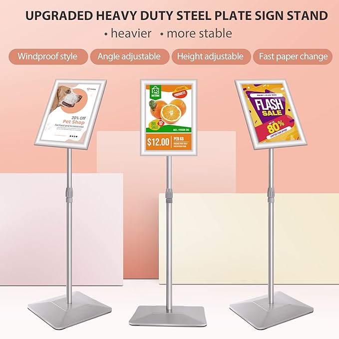VAIIGO 8.5"x11" Pedestal Poster Sign Stand with Heavy Duty Base, Adjustable Sign Holder Standing Floor Sign Stand for Office,Store,School,Church,Public Sign Displayed Stands, Silver