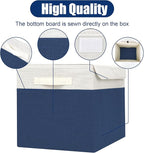 Large 17" 42 Quarts Collapsible Stackable Storage Bins with Lids [3-Pack] Foldable Fabric Linen Storage Boxes Cube, Closet Organizer Baskets with Label for Home (16.7 x 12 x 12", Navy Blue & White)