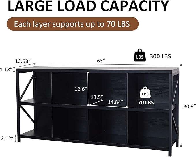 VAKATRELL 8 Cube Storage Organizer Bookshelf, Industrial Horizontal Bookcase, Accent Cubby Shelf, Media Console Table for Living Room, Home Office, 13.6" D x 63" W x 30.9" H, Black