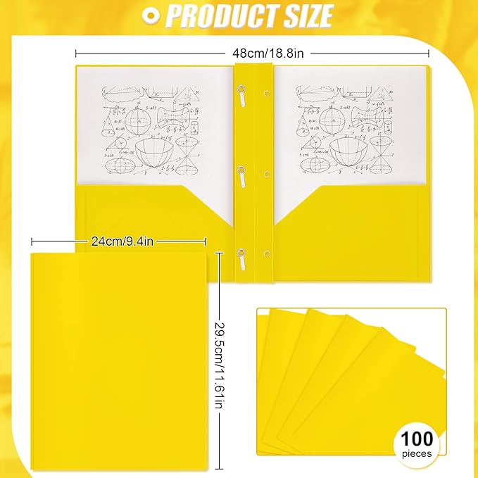 Lincia 100 Pcs Plastic Folders with Pockets and Prong Folders with Prongs 2 Pockets for Office, School for Students, Teachers, Office Workers(Yellow)