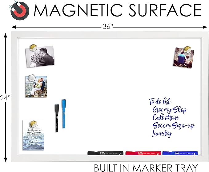 Loddie Doddie Magnetic Dry Erase White Board - 24 x 36 in White Frame - Built-in Tray & Dry Erase Board for Wall - Stain-Resistant Surface - Vertical & Horizontal Mounting on Magnetic Wall