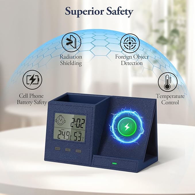 TopMade Wireless Charger with Pen Holder, PU Leather Desk Nightstand Organizer Fast Charging Station, Home Office Supplies Pencil Holder, Digital Thermometer and Humidity Gauge, Gifts for Men(Blue)