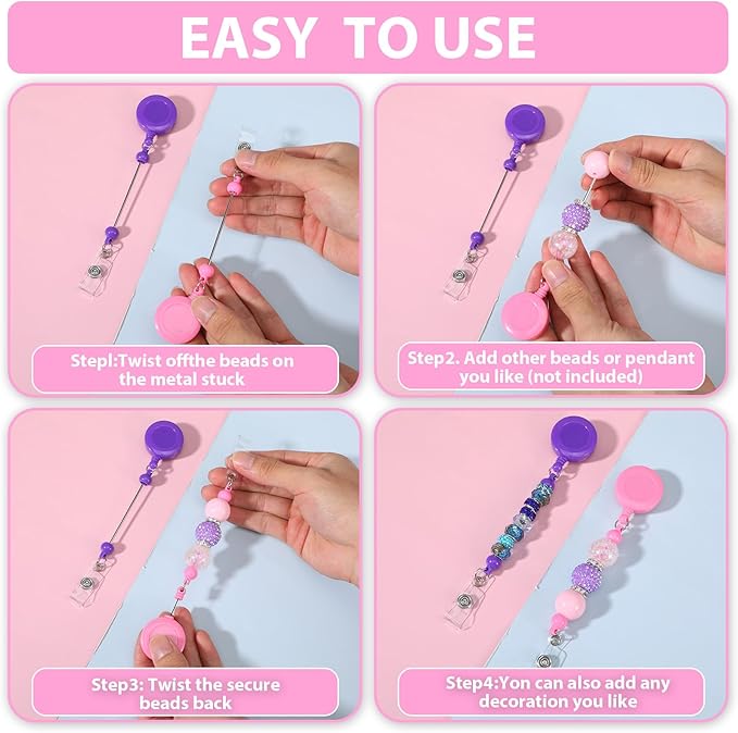 50 Pcs Colorful Beadable Badge Reel, Retractable Clips Holder Beaded Blank Bars with Belt Clip for ID Name, DIY Gift for Nurse Office Supplies