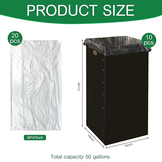 Nosiny 10 Pcs 50 Gallon Corrugated Cardboard Trash Cans for Events, Disposable and Reusable Cardboard Bin Bulk with Trash Bag, Recycling Pop-up Garbage Box, Foldable Waste Container for Party (Black)