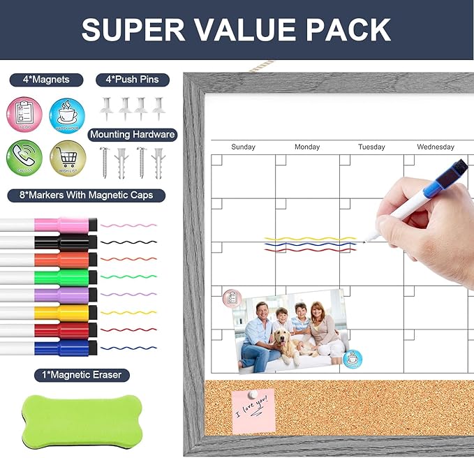 Calendar Whiteboard for Wall, 18x24 Inches Dry Erase Calendar Cork Board Combo, Magnetic Monthly White Board with Wood Framed, Hanging Dry Erase Board for Home Kitchen Office Planner Memo