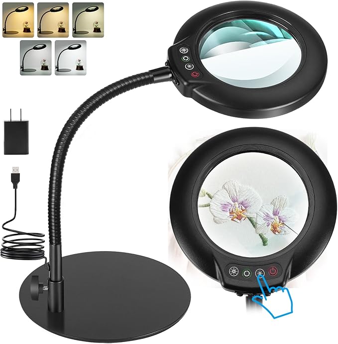 IVMAIE 10X Magnifying Glass with Light, Real Glass Lens, 5 Color Modes Dimmable, Flexible Gooseneck Lighted Magnifier with Stand, LED Desk Lamp Hands Free for Crafts Painting Sewing Reading Close Work