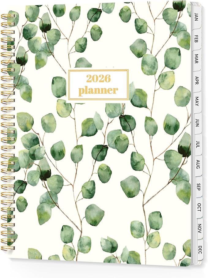 SUNEE 2026 Planner, Weekly and Monthly Calendar Planner, January 2026-December 2026, Daily Agenda with Tabs, Note Pages, Spiral Binding, 8.5"x11", Eucalyptus