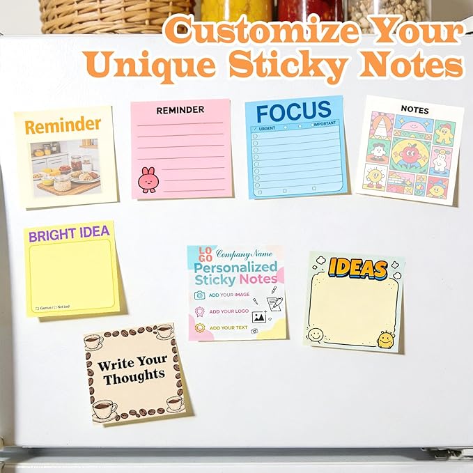 Personalized Sticky Notes Bulk 3-500 Pack – 3"x3" Custom Notepads Promotional Items with Your Logo Text 50 Sheets/Pads, Funny Post it Notes, Stationery Note Gifts for Office Business School Students