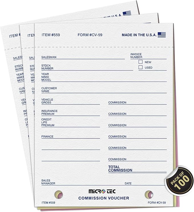 Commission Voucher Book CV-59-3 Part Carbonless Forms, Triplicate NCR Receipt Book, Snap-Out Pre-Punched with File Holes Commission Vouchers, Blue Ink, 4.25 x 5.625 Inch - Pack of 100