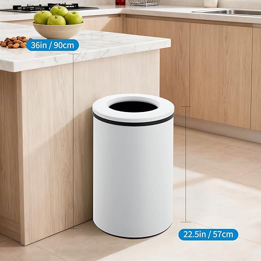 Takywep Stainless Steel Open Top Trash Can, 10.6 Gallon Cylindrical Touch-Free Direct Toss Bin with Soft-Close Lid, Anti-Fingerprint Easy-Clean for Kitchen Office Bathroom (White)