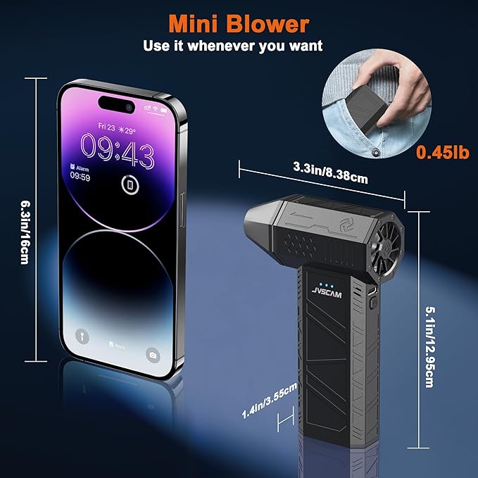 JVSCAM X3 Compressed Air Duster - Electric Air Duster with Brushless Motor,3 Gear Adjustable - mini Snow Blower- Rechargeable Air Duster for PC, Keyboard, Car,Outdoors,Home,Snow and Leaves Clearing