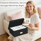 Decorative Photo Storage Box - 2 Pack Linen Photo Box Organizer with Dividers, Fits Holds Up to 1700 Pictures and 4x6 Photos, Memory Keepsake Organizer for Scrapbook Supplies, Cards, Stamps (Black)