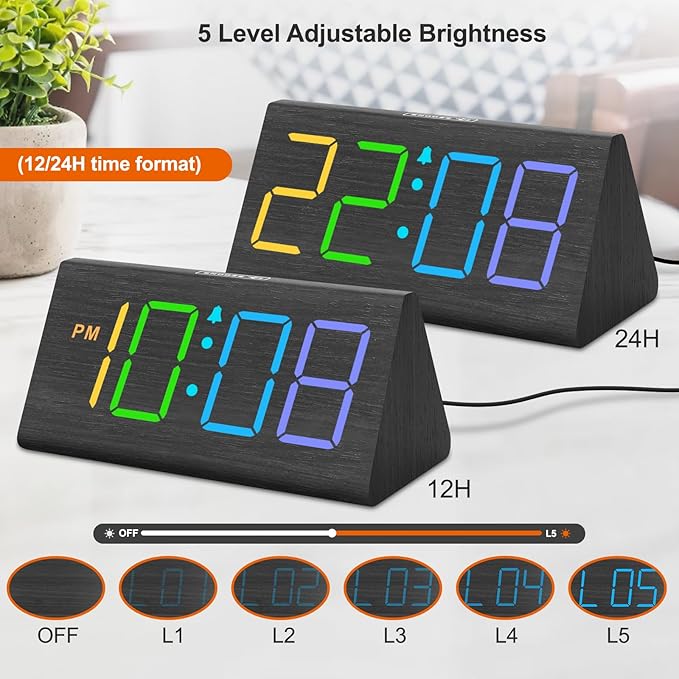 DreamSky Wooden Digital Alarm Clock for Bedroom - RGB Electric Desk Clock with Large Numbers, USB Port, Loud Alarm for Heavy Sleepers, Dimmer and Volume Control, Snooze, Wood Décor (Adapter Powered)