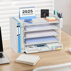 OPNICE Desk Organizer, 5-Tier Paper File Organizer with Drawer & Pen Holder, Office Desk Accessories, Workspace Desktop Organizer for Office Supplies(White)