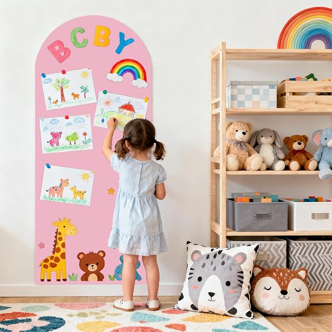WUPIOS Magnetic Wall Decal Pink 39.3x17.5 Inch Arch Magnetic Chalkboard for Wall Magnetic Board for Playroom Peel and Stick Self Adhesive Blackboard with Colorful Liquid Chalks Magnet Wall Decal