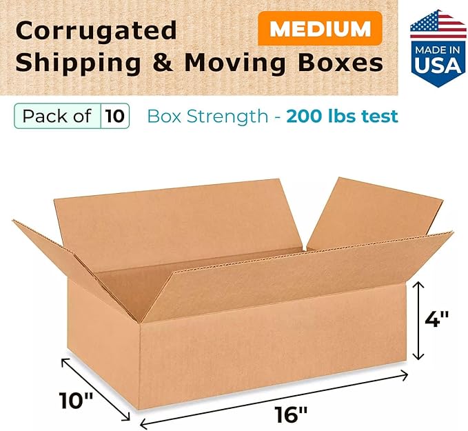 Medium Moving & Shipping Boxes 16x10x4 inches (10-Pack) - Extra Strength 200 lb vs Regular - Corrugated Packaging Boxes for USPS/UPS/FEDEX - Shipping Box - Heavy Duty Box by IDL Packaging