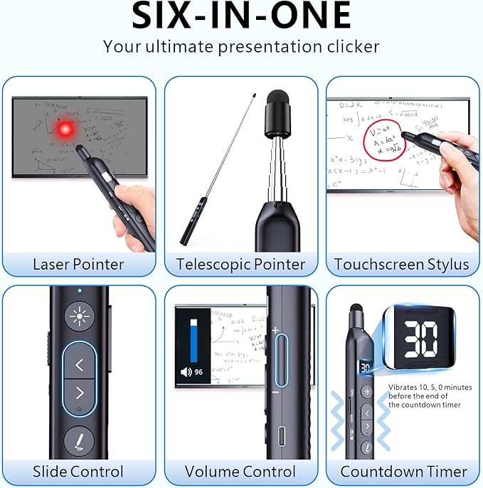 Norwii N21 Bluetooth Presentation Clicker with Telescopic Teaching Pointer, Presentation Remote with Retractable Stick for PowerPiont, Wireless Presenter, Slide Advancer (Black - Red Pointer)
