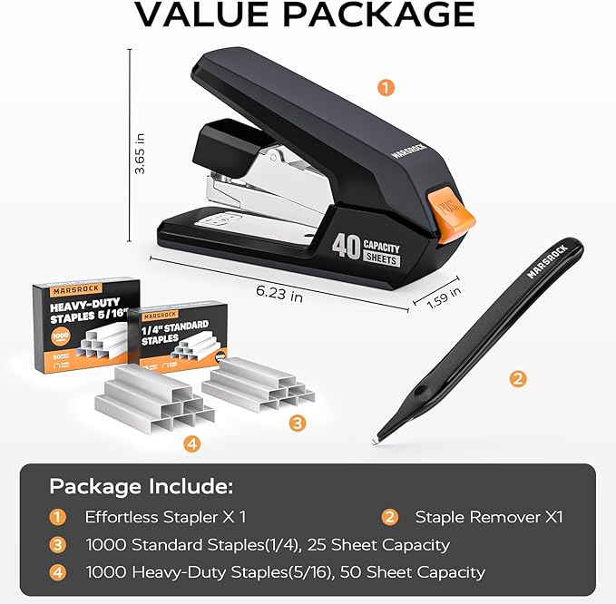 MARSROCK Effortless Stapler for Desk with 40-50 Sheet Capacity, 2000 Staples, 1-Touch Stapling, Ergonomic & Easy to Load Desktop Staplers, Heavy Duty Stapler, and Magnetic Staple Remover, Black