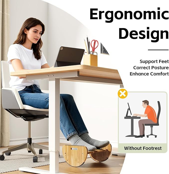 Ergonomic Under Desk Bamboo Footrest, 2-in-1 Reversible Rocking Footrest, 4 Adjustable Heights Office Footstool, Large Anti-Slip Surface, Improves Posture and Blood Circulation (Bamboo Footrest)