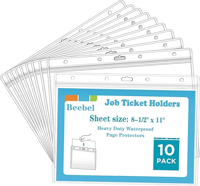 Beebel 10 Pack Job Ticket Holders 8 1/2" x 11" Waterproof Zip Page Protectors Heavy Duty Dry Erase Document Storage Shop Ticket Holders (Clear-Horizontal)