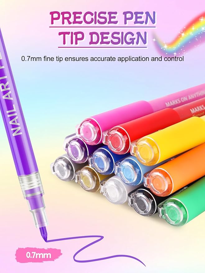 EBANKU Nail Art Pens Set, 12 Colors 3D Nail Polish Pens Acrylic Paint Pens Nail Markers for Nail Art Drawing Painting Manicure Tools Nail Design Kit Home Nail Salon DIY, 0.7MM