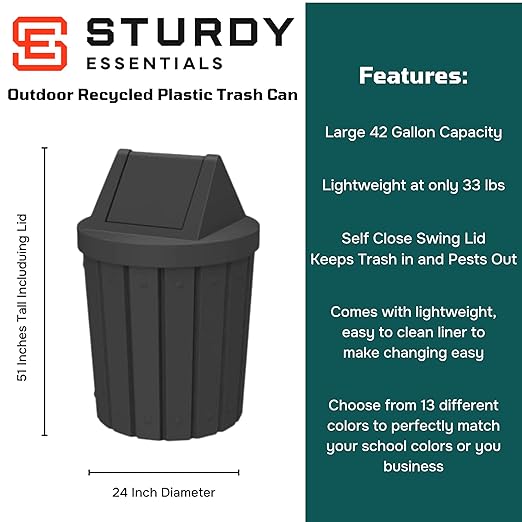 Sturdy Essentials 42 Gallon Round Slatted 100% Recycled Plastic Indoor or Outdoor Commercial Trash Can with Easy Access Swing Top Lid | Great for Schools and Businesses - Black