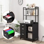 Livofloral File Cabinet with Charging Station, 3 Drawer Filing Cabinet with Bookshelf, Large Printer Stand with Open Storage Shelves for Home Office, Locking File Cabinets Fits Letter/A4 Size, Black