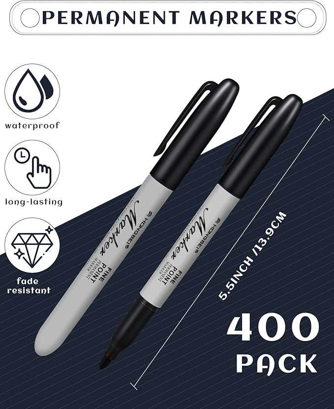Thenshop 400 Pack Black Permanent Markers Bulk - Fine Point Permanent Marker Quick Drying Waterproof Pens for Doodling Writing Marking Classroom Work on Wood Metal Stone Glass, Office School Supplies