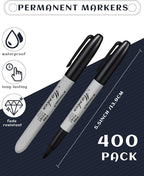 Thenshop 400 Pack Black Permanent Markers Bulk - Fine Point Permanent Marker Quick Drying Waterproof Pens for Doodling Writing Marking Classroom Work on Wood Metal Stone Glass, Office School Supplies