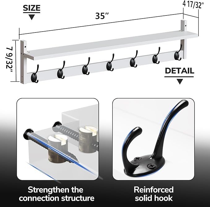 BAMEOS 35" L Wall Hooks with Shelf, Entryway Coat Hooks, Wood Wall Hanging Shelf, Wall-Mounted Coat Rack with 7 Dual Metal Hooks for Bathroom, Kitchen, Living Room, Bedroom (White)