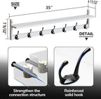 BAMEOS 35" L Wall Hooks with Shelf, Entryway Coat Hooks, Wood Wall Hanging Shelf, Wall-Mounted Coat Rack with 7 Dual Metal Hooks for Bathroom, Kitchen, Living Room, Bedroom (White)