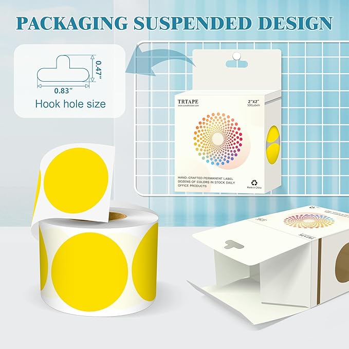 2 Inch Round Color Coding Labels (500 Count) - Yellow Dot Stickers Circle Labels with Dispenser Box for Warehouse, Filing, Industrial, Office Organization