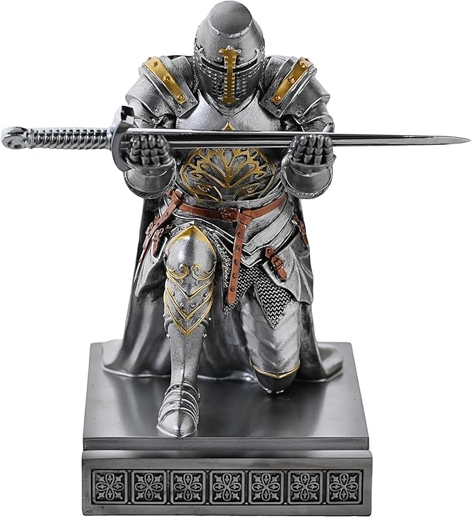 NCQIXIAO Medieval Templar Vanguard Officer Knight Pen Holder Pen Stand Desk Organizers and Accessories Resin Mobile Phone Stand as Gift for Office and Home Desk Organizer (Silver)