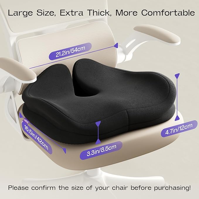 ZZ-WELL Seat Cushions for Office Chairs - Patented Coccyx Cushion for Tailbone Pain - 21.2" W x 16.5" L Memory Foam Extra Large Seat Cushion, Removable & Machine Washable Cover (Black)
