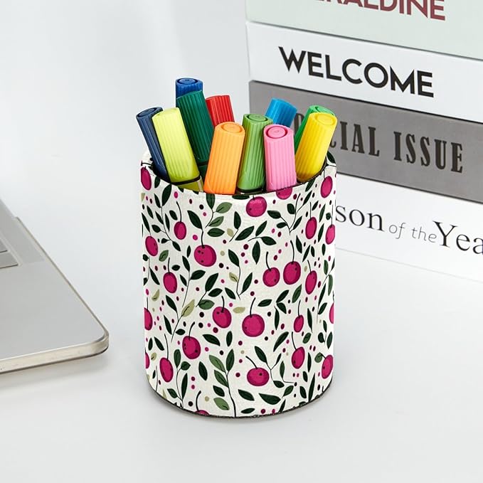 Leather Pen Holder for Desk, Cherry Pattern Pencil Cup Desktop Organizer Makeup Brush Holders Office Supplies for Home, Kids & School