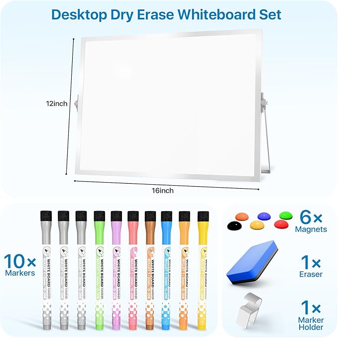Marsrock Dry Erase White Board with Stand,Double-Sided Whiteboard 16"x12", 10 Markers,6 Magnets, 1 Eraser,Portable Desktop Whiteboard for Planning,Colorful Weekly Schedule Board for School for Home