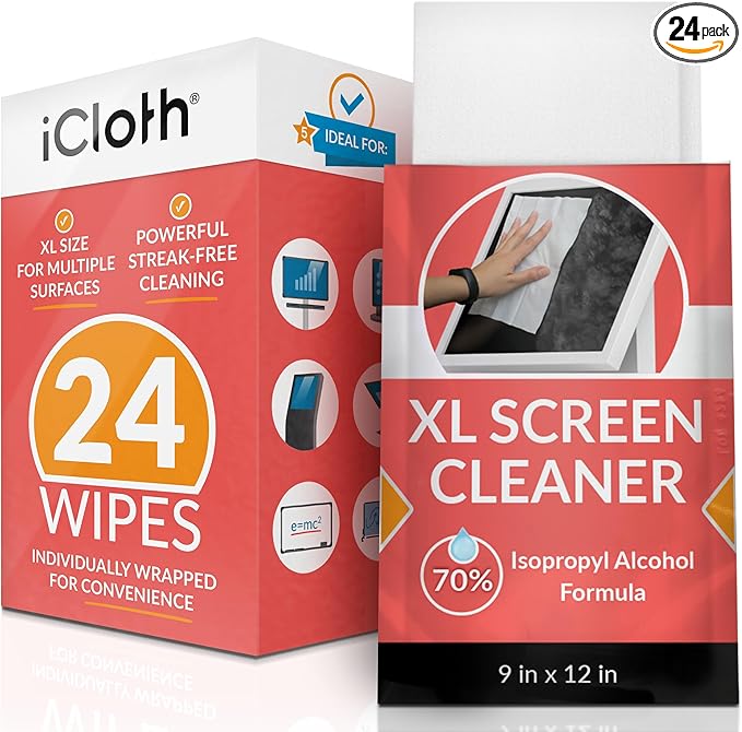iCloth 70% Isopropyl Alcohol XL Screen and Electronics Wipes, Lint-Free, Streak-Free, Fast-Drying, Removes Dust and Fingerprints (24 Wipes)