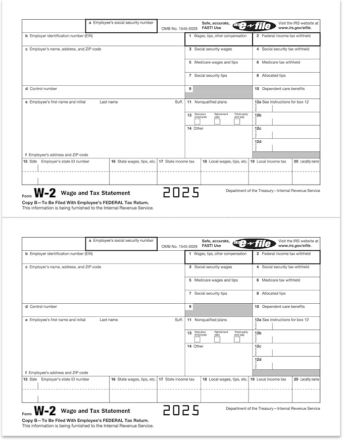 W2 Forms 2025, 6 Part Tax Forms, 25 Employee Kit of Laser Forms Designed for QuickBooks and Accounting Software