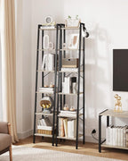 Hzuaneri Ladder Shelf, Bookshelf Bookcase, Freestanding Corner Storage Shelve with 2 Hooks for Home Office, Living Room, Kitchen, Bedroom, Industrial, 11.8" D x 13.4" W x 72.8" H, Greige BC13305B
