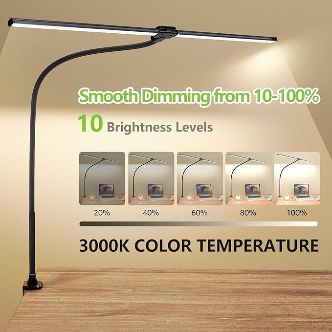 ShineTech LED Desk Lamp for Home Office, 3000K Warm White Double Head Architect Task Lamps with Clamp, Dimmable Adjustable Flexible, Black