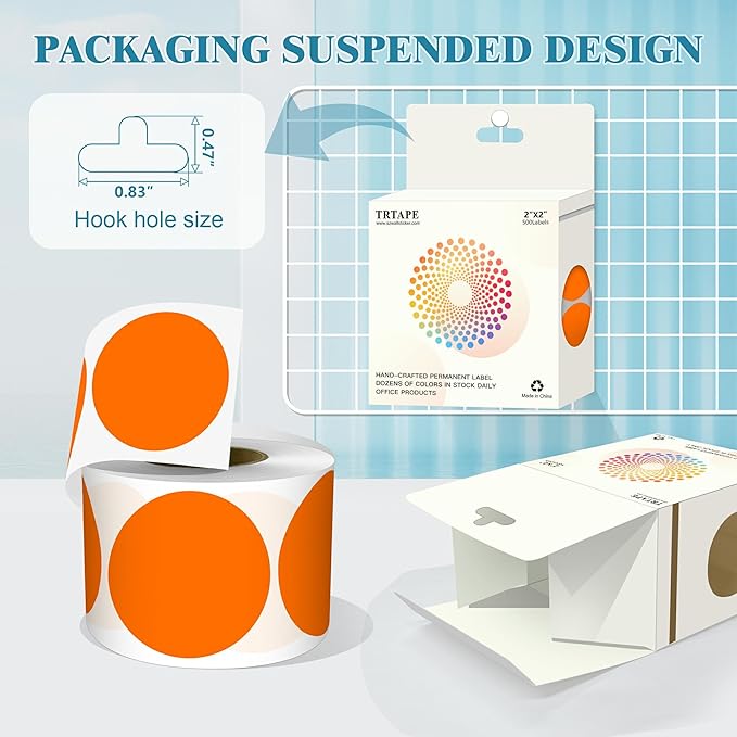 2 Inch Round Color Coding Labels (500 Count) - Orange Dot Stickers Circle Labels with Dispenser Box for Warehouse, Filing, Industrial, Office Organization