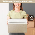 Bagnizer Large 22 Quart Linen Fabric Foldable Storage Bin Cube Organizer Basket with Flip-Top Lid & Handles, Clothes Blanket Box for Home, Office, Closet, Beige & White, 4 Pack 14.6 x 9.5 x 9.5”