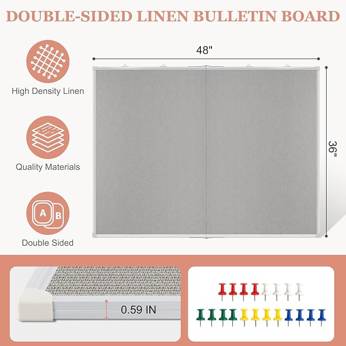 AMUSIGHT Double-Sided Large Cork Board with Linen, 60" x 40" Foldable Hanging Aluminum Framed Bulletin Board, Vision Board Pin Board Corkboards for Walls, Office, School Decor, 20 Pushpins