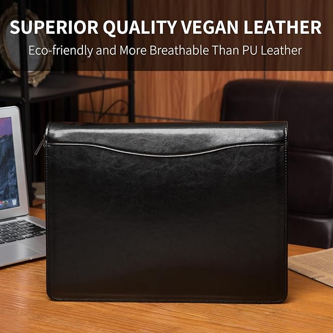 Geslun Vegan Leather Portfolio, Legal Size 8.5 x 14 Pad Holder, Business Padfolio for Men and Women, Zippered 14" Laptop Organizer, Executive Professional Work Travel Notepad Folio, Black