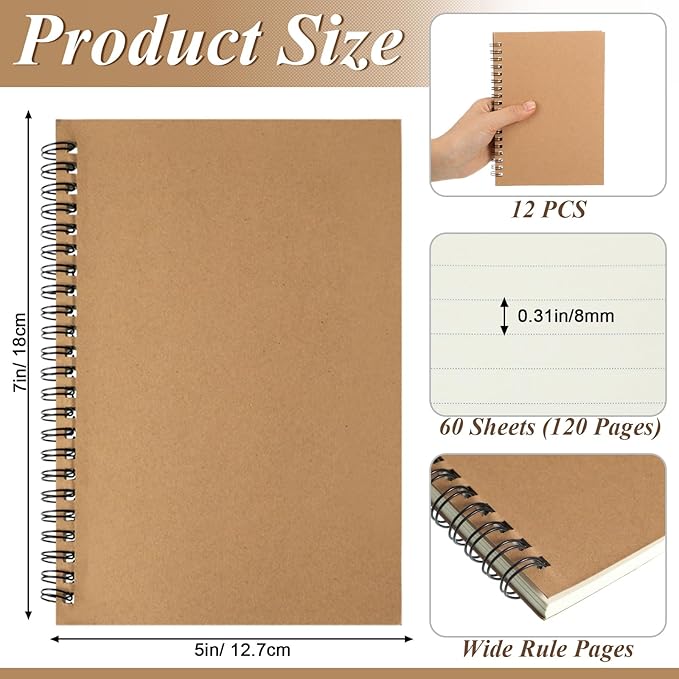 Leelosp 12 Pack Small Spiral Notebook 5 x 7 Inch Lined College Ruled Spiral Journal Wire Bound Notebook Kraft Cover, 120 Pages for Work Students Office Business(Brown)